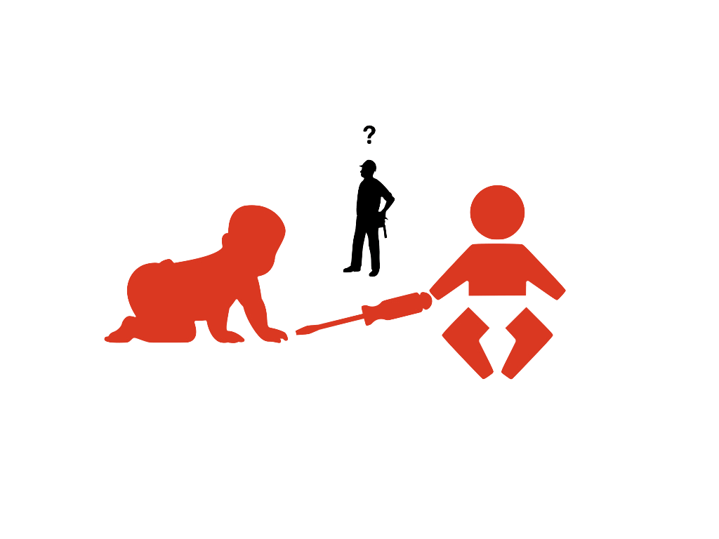 Babys und Mann mit Schraubendreher Bild mit zwei Babys und einem Mann und einem Schraubendreher